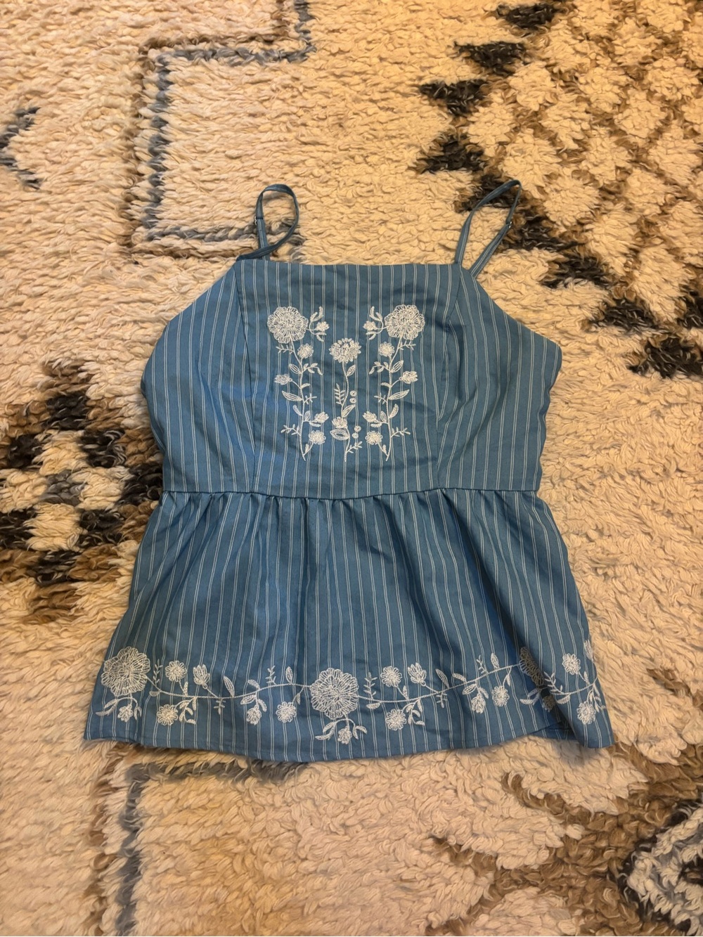 Harper Blue Striped Floral Embroidered Peplum Cami
